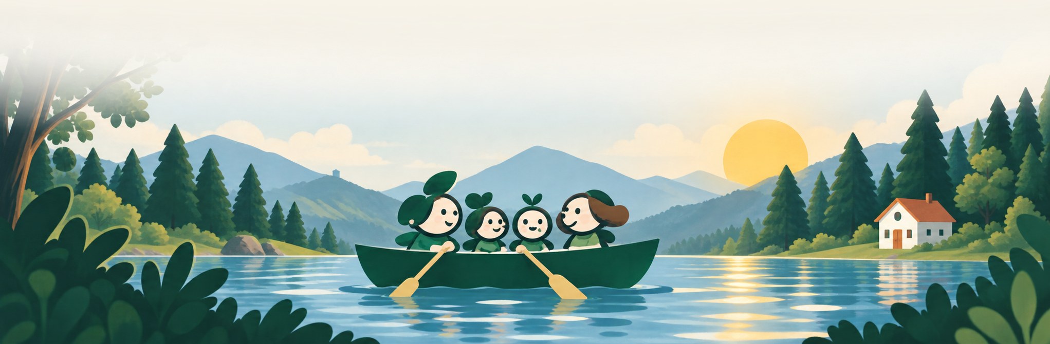 An illustrated family and their dog rowing a green canoe together across a calm lake at golden hour