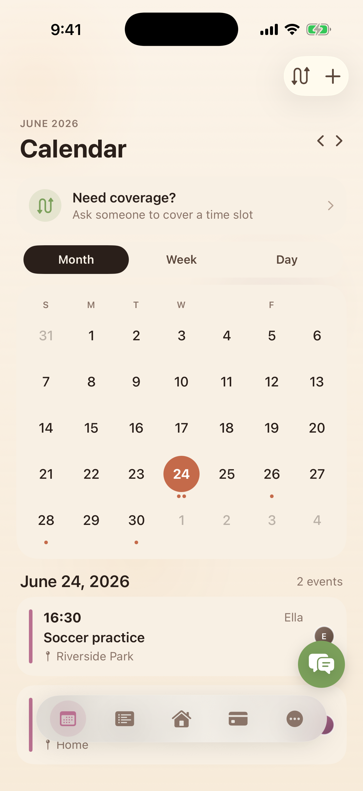 Kinrows calendar — the month at a glance with the day's events