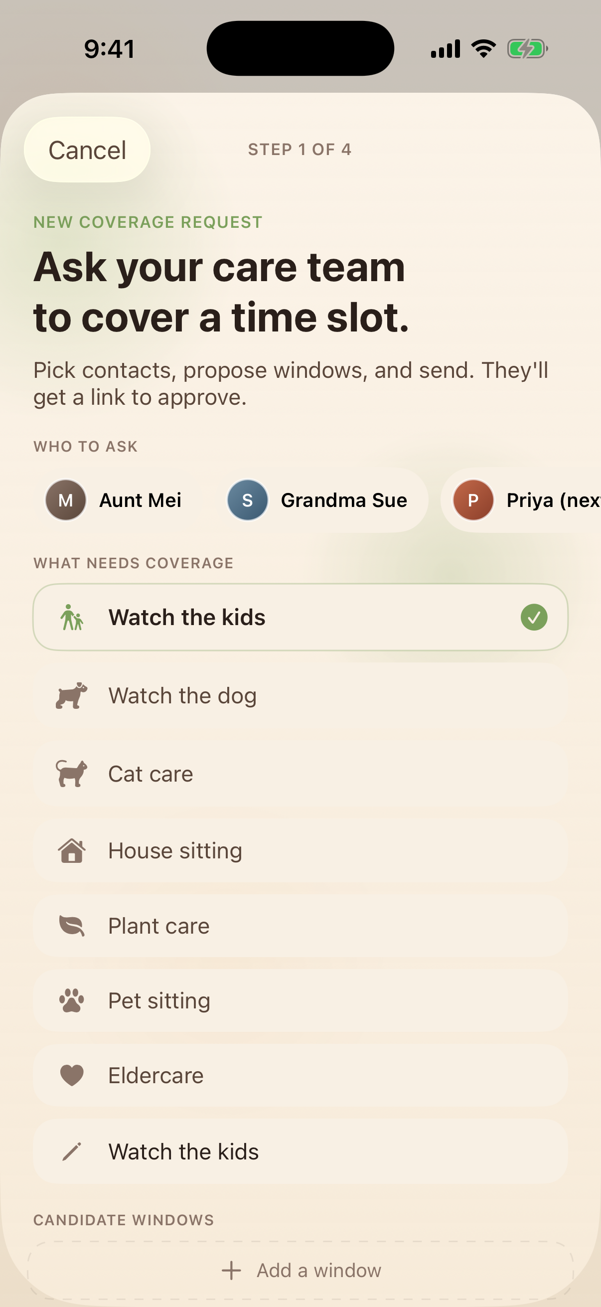 Care Cascade — ask your care team to cover a time slot