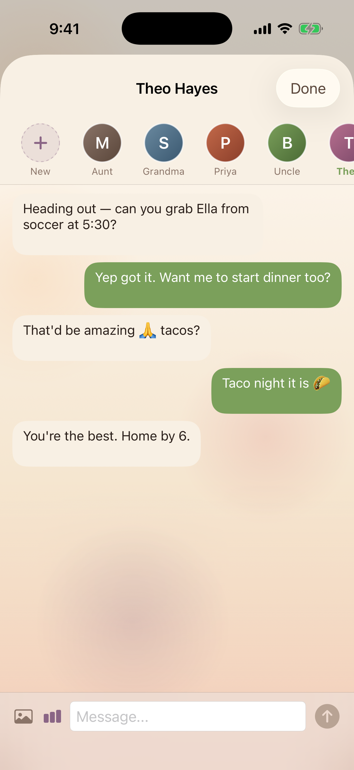 Kinrows chat — a household conversation with quoted trips, events and decisions