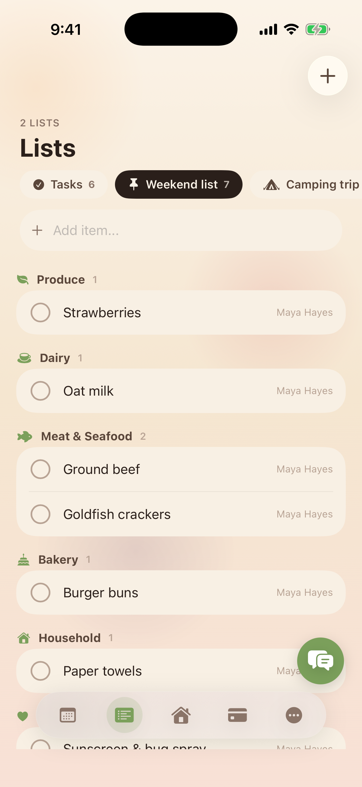 Kinrows shared lists — a weekend grocery list everyone can edit, auto-sorted by aisle