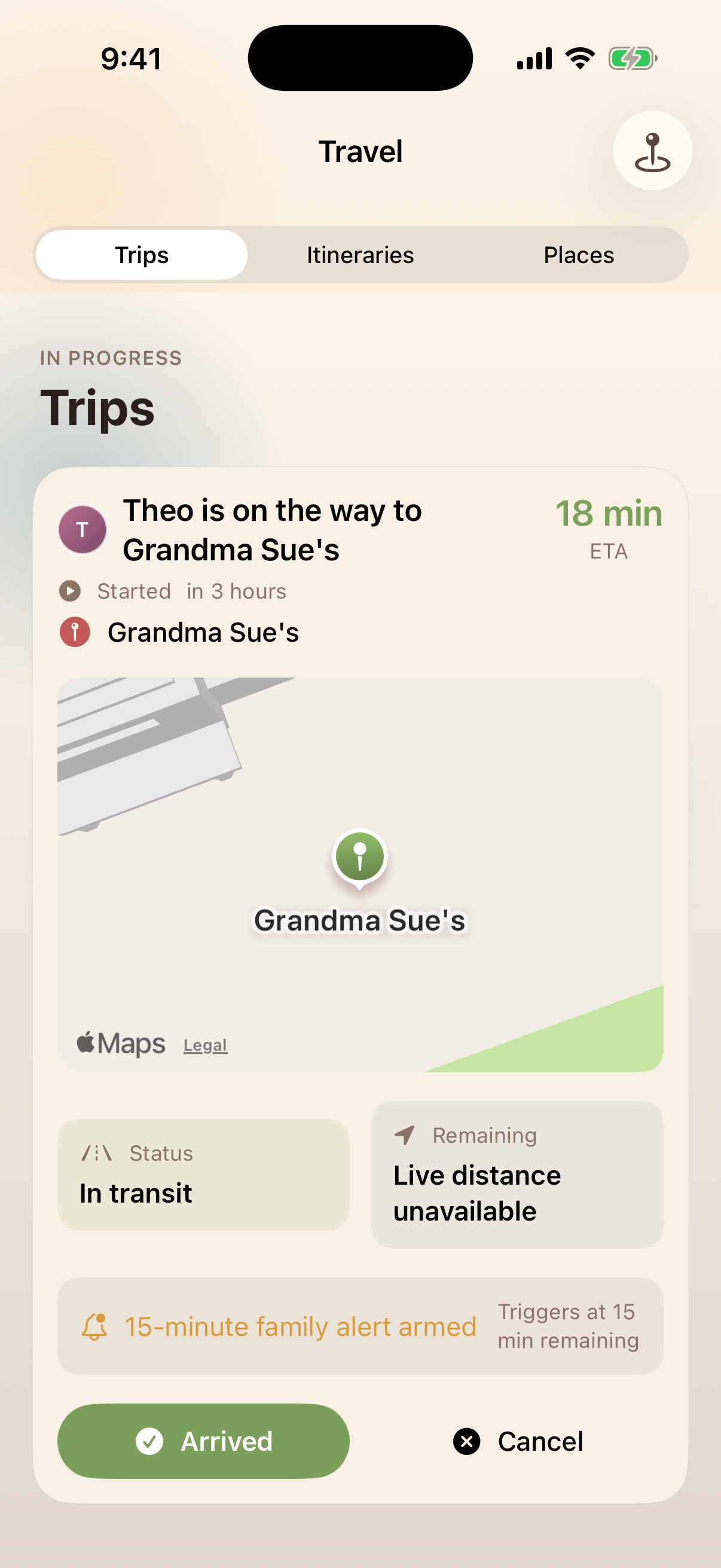 Kinrows travel — a live trip with ETA and an itinerary the household shares